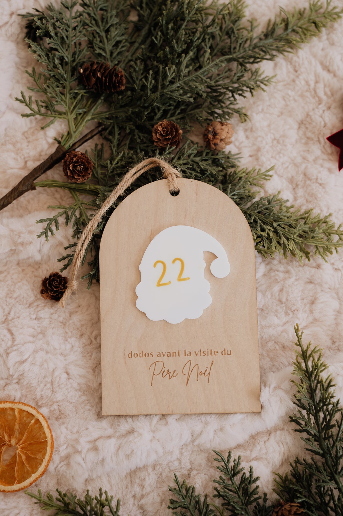 Dodos avant Noël : gros plan du Père Noël blanc portant le nombre 22 et de l’inscription gravée sur le bois.