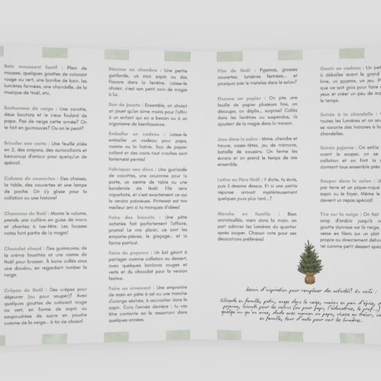 Vidéo animée de la cartonnette du Sac à souvenirs sur fond blanc, avec musique de Noël, qui explique la pige quotidienne