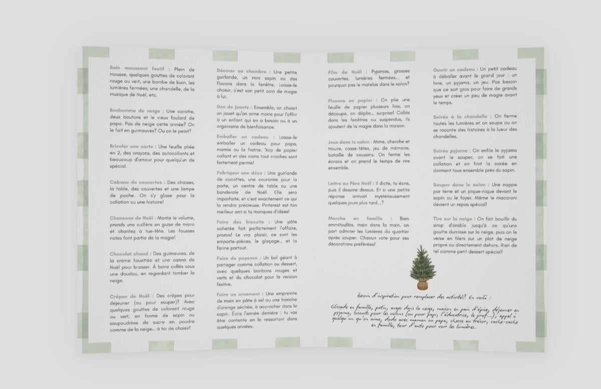 Vidéo animée de la cartonnette du Sac à souvenirs sur fond blanc, avec musique de Noël, qui explique la pige quotidienne