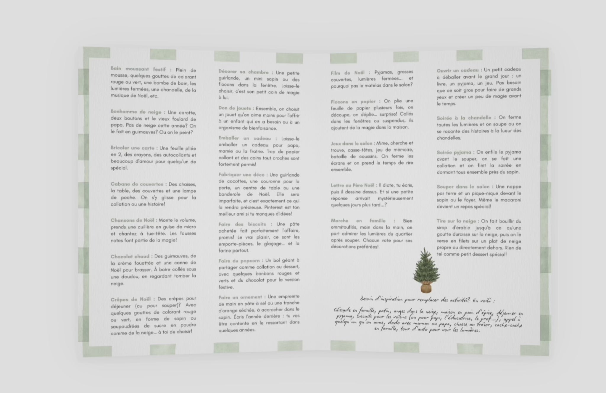 Vidéo animée de la cartonnette du Sac à souvenirs sur fond blanc, avec musique de Noël, qui explique la pige quotidienne